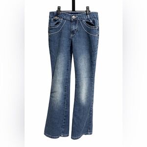 Mid-Rise Dark Blue Boot Cut Jeans with Decorative Stitching